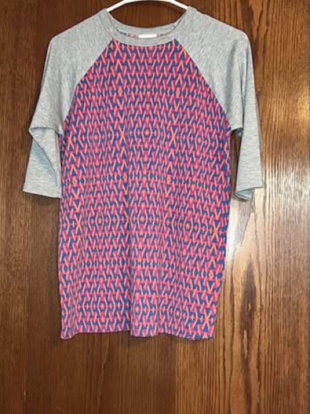 LuLaRoe Pink & Blue Raglan Tee with Gray Sleeves